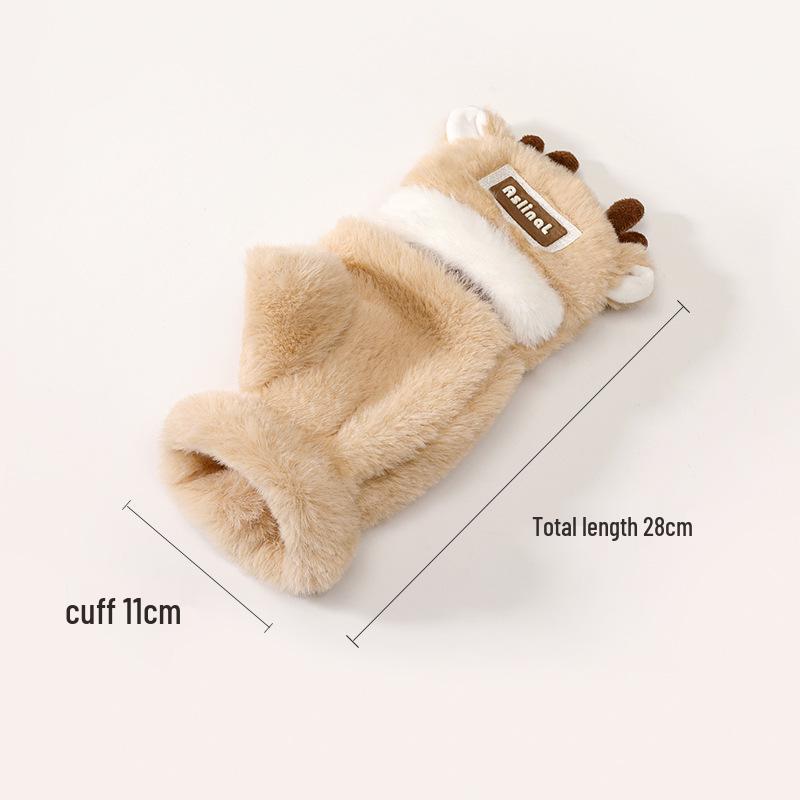 Women's Winter Warm Color Block Reindeer Flip Fingerless Gloves - Fleece Lined, Thickened & Anti-Freeze for Writing & Cycling