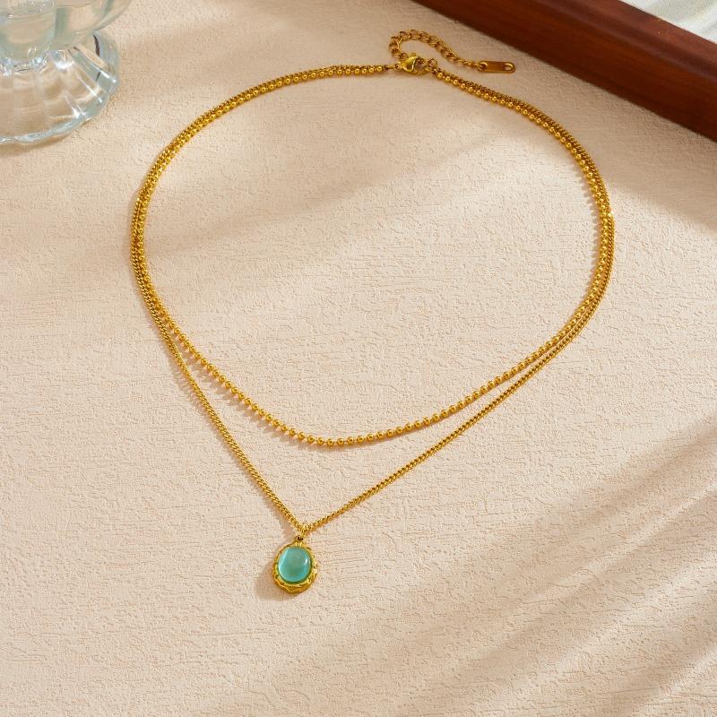 Gold Plated Stainless Steel Double Layer Necklace with Teal Cat s Eye Pendant for Women золотой