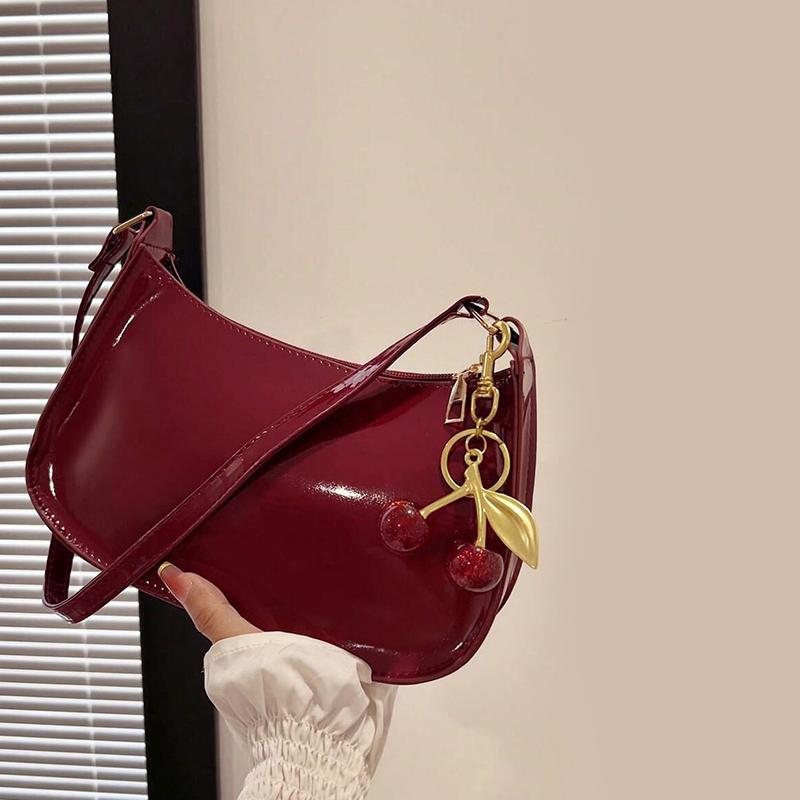 Women's PU Leather Handbag Versatile Solid Cherry Pendant Shoulder Bag Casual Commuting Bag Girl Underarm Bag