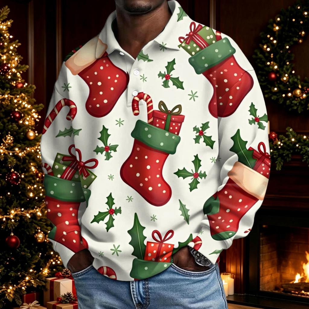 Men's Christmas Long Sleeve Button Up Shirt Casual Holiday Top