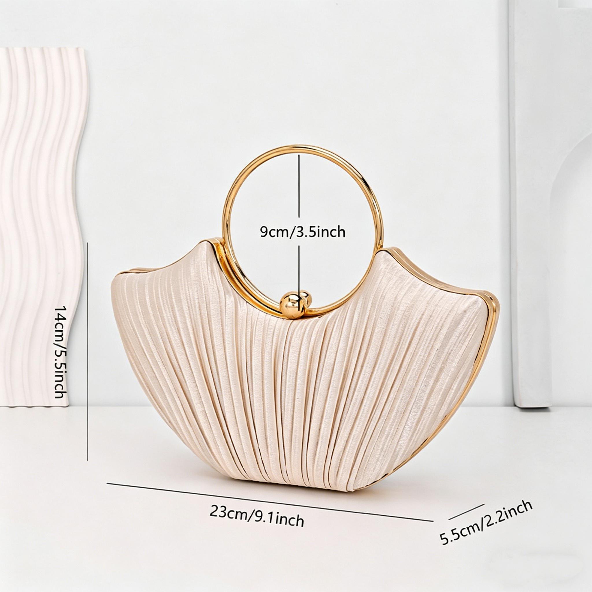 

Elegant Pleated Satin Shell Dinner Bag Women Circular Handle Glitter Clutch Party Wedding Handbag Chain Shoulder Crossbody Bag абрикосовый