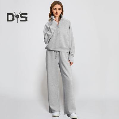2 Pcs/Set Women Top Pants Set Half Zipper Turn-down Collar Long Sleeves Sweatshirt Elastic Waist Wide Leg Sweatpants Sport Outfit Autumn Casual