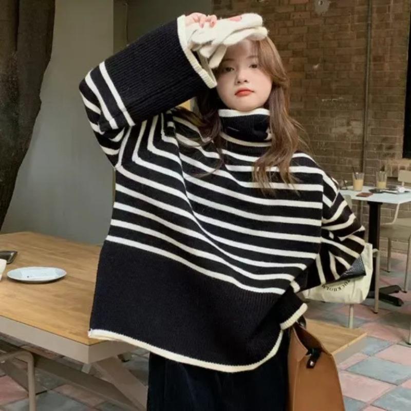 Striped turtleneck knitted sweater contrasting color turtleneck pullover sweater design sense loose versatile knitted top women