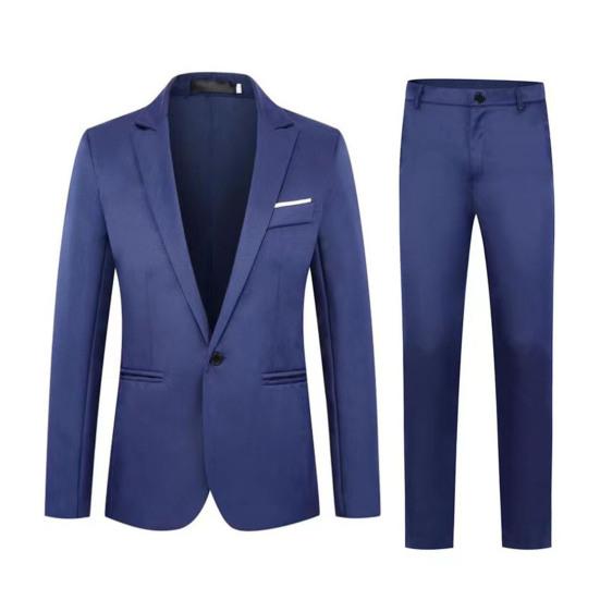 2 adet/takım erkekler bahar sonbahar düz renk takım elbise yaka uzun kollu cepler tek düğme Blazer orta katlı Slim Fit uzun pantolon seti