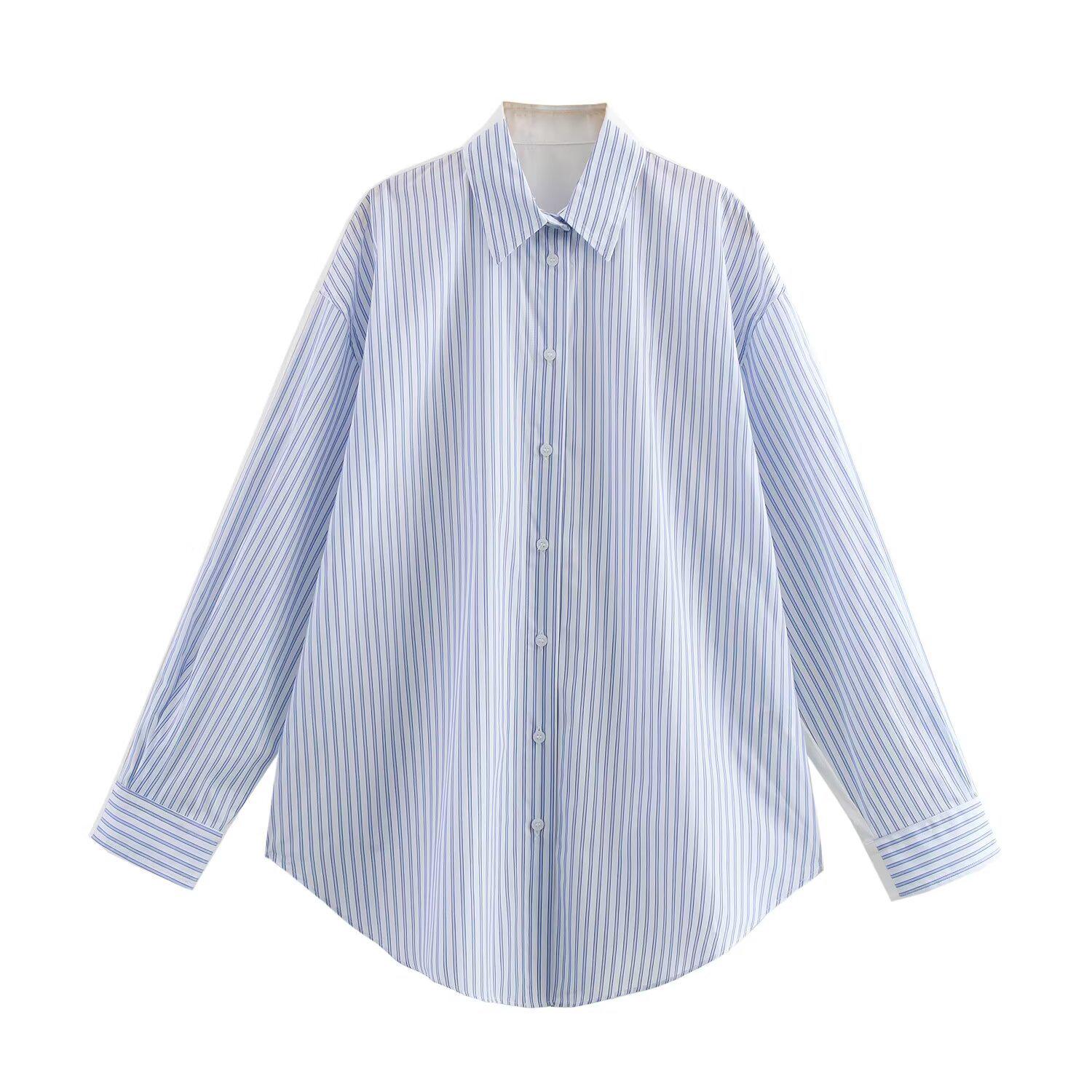 

2025 Spring Women’s Striped Poplin Long-Sleeve Commuter Shirt XS светло-синий
