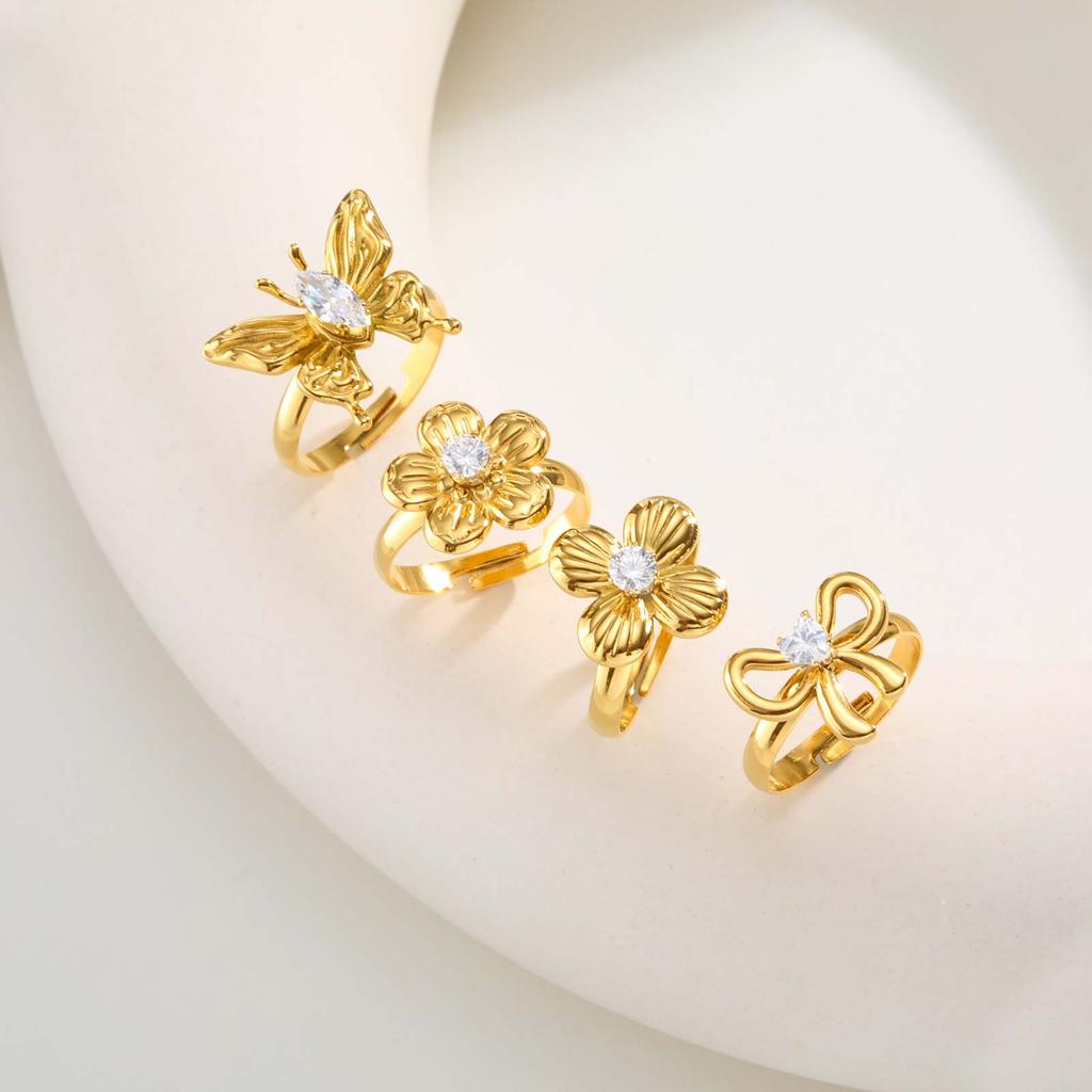 Stainless Steel Zircon Bow Flower Butterfly Ring for Women,18K Gold Plated Bowknot Opening Rings,Fashion Jewelry Gifts
