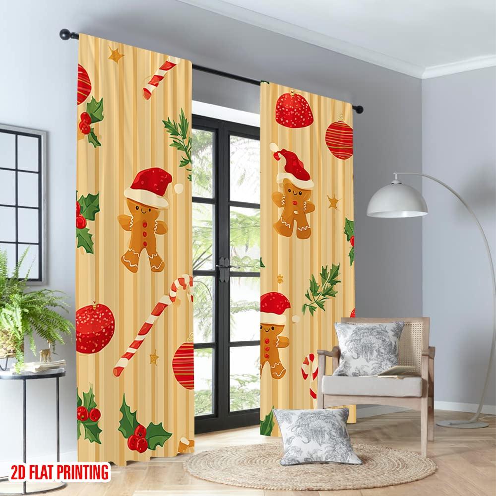 2 Stück 2D Flachdruck Weihnachten Heiße Vorhänge Weihnachten Stechpalme Süßigkeitenkugel Digital Bedruckte Polyester Vorhänge Familienfeier Dekoration