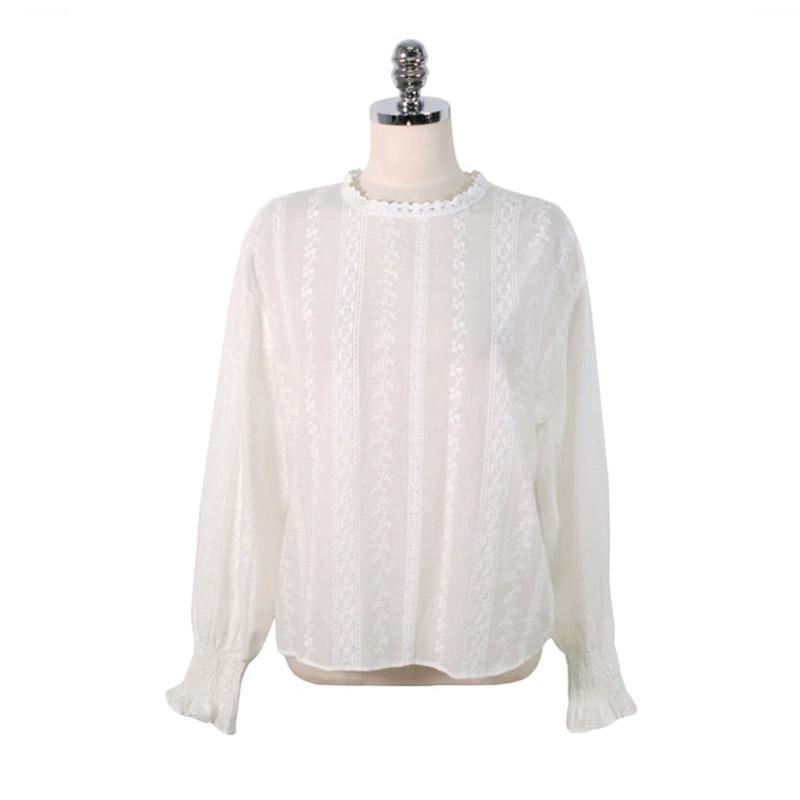 Maglia da Donna Primavera Manica a Lanterna Fondo in Pizzo Tinta Unita Giuntura Girocollo Manica Lunga Pullover Top