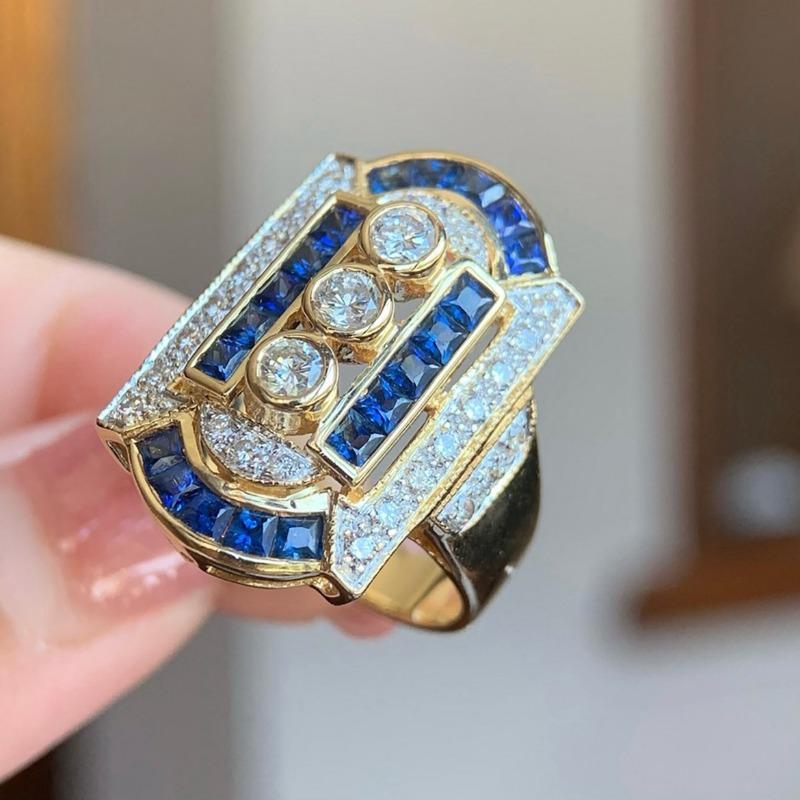 Attractive Inlaid with Blue White Stone Gold Color Round Square Rings  Party Rings for Women Jewelry