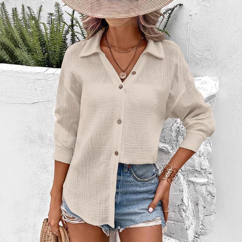 Women's Collared Long Sleeve Cotton Gauze Regular Fit Casual Button Down Shirt Blouse
