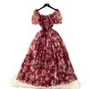 Abito Retrò Francese Floreale in Chiffon con Vita Cinciurata, Manica a Sbuffo Monospalla e Gonna in Rete