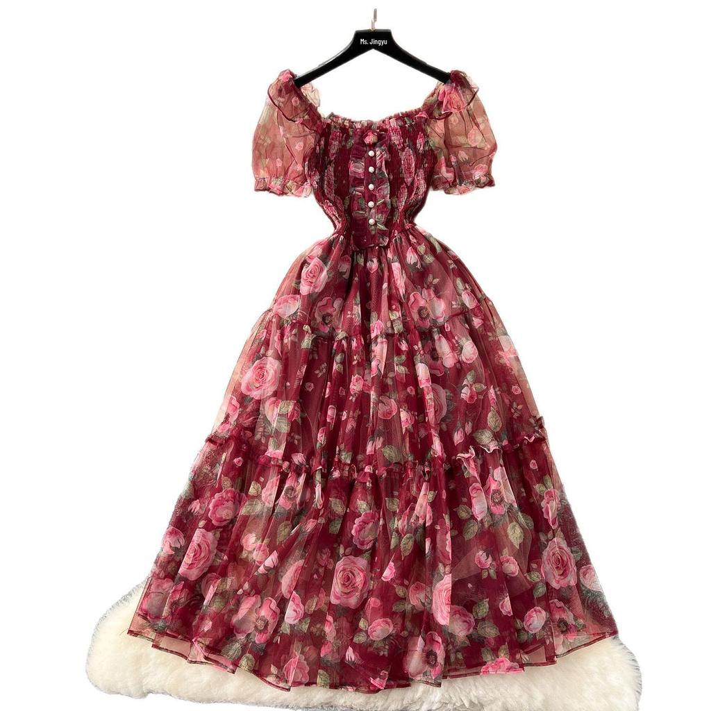 Abito Retrò Francese Floreale in Chiffon con Vita Cinciurata, Manica a Sbuffo Monospalla e Gonna in Rete