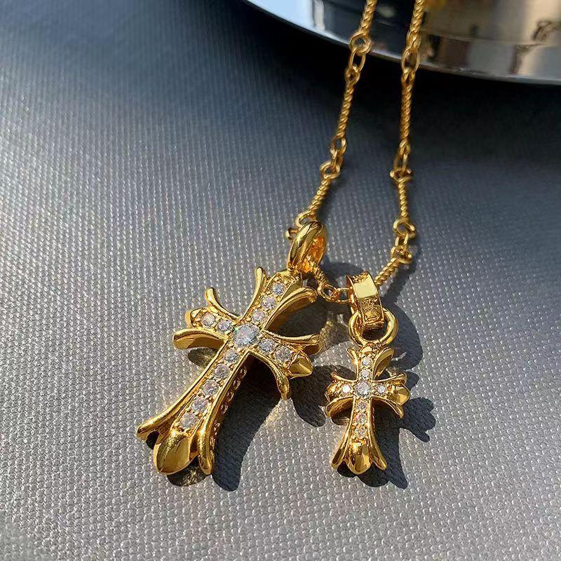 Diamond-encrusted Double Cross Necklace Niche Design Personalized Versatile Collarbone Chain Punk Accessories