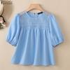 Women Sheer Lace Patchwork Casual Round Neck Short Sleeve Blouse