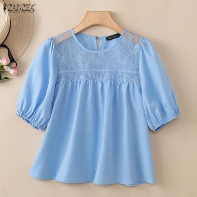 Women Sheer Lace Patchwork Casual Round Neck Short Sleeve Blouse