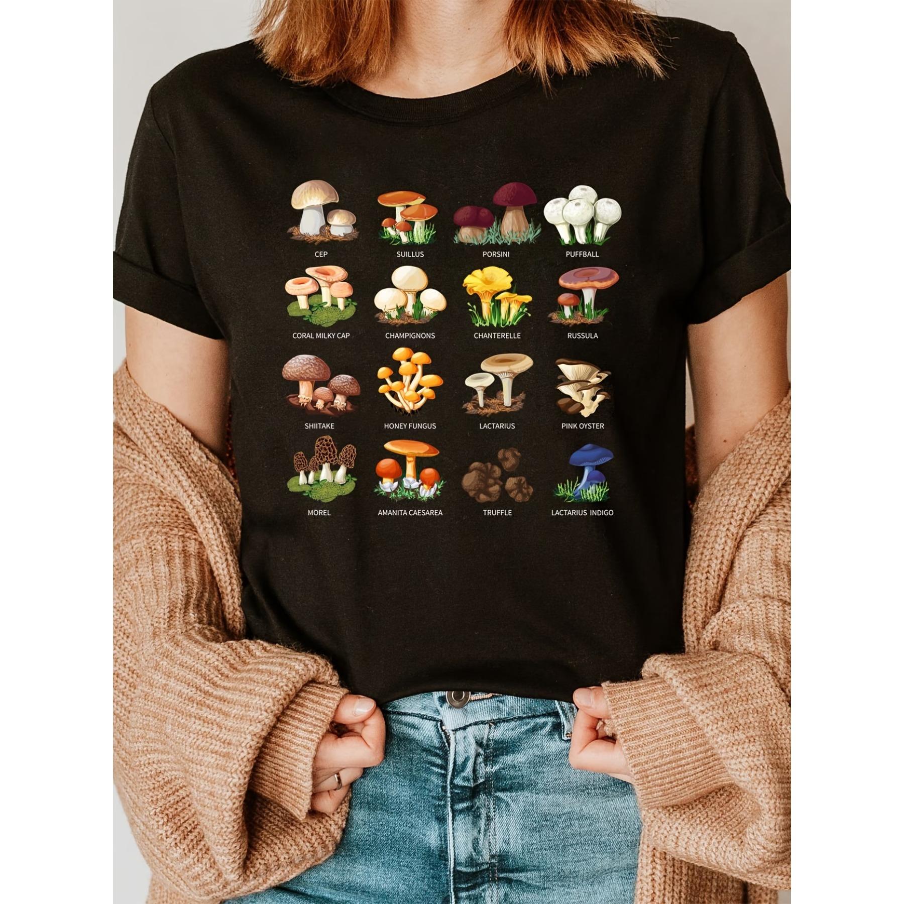 

Mushroom Print Crew Neck T-shirt, Short Sleeve Casual Top For Summer & Spring XXL чорний