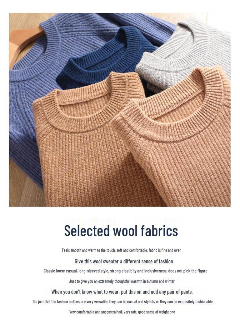 Men's Plus Size Crew Neck Wool Sweater - Autumn/Winter, Fine Stripe Raglan Sleeve, Loose Fit