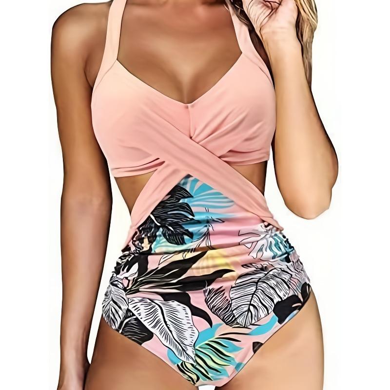 Random Print Criss Cross One Piece Swimsuit, Cut Out Tie Back Color Block High Cut Bathing Suit, Women's Swimwear & Clothing