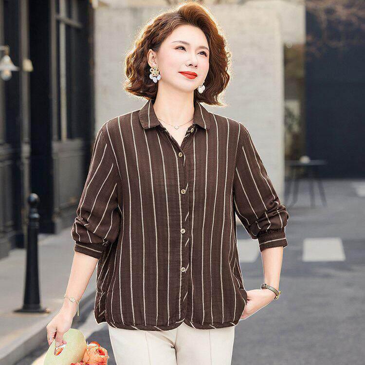 

Spring 2026 Striped Top for Middle-aged & Elderly Women - Chic and Stylish Design L (115-130 kg) кофейный