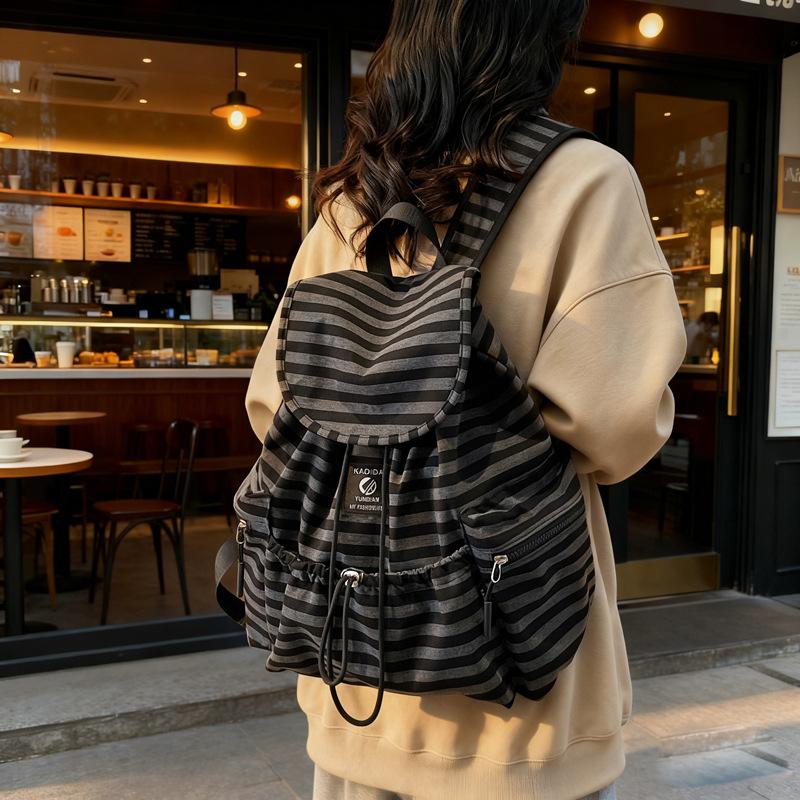Schoolbag Korean contrasting color schoolbag functional style retro striped backpack new versatile large-capacity student class leisure bag