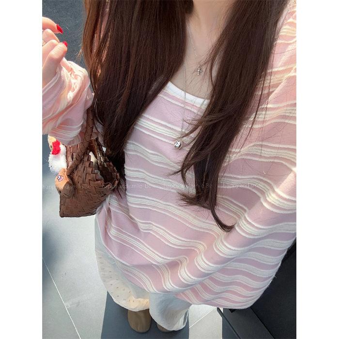 Contrasting color striped long-sleeved t-shirt women's 2026 new autumn lazy style loose casual design top