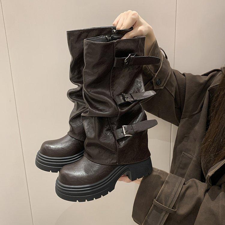 

Two Wear Belt Buckle Pants Short Boots Women s 2025 Autumn New Skinny Casual Pile Long Knight Boots Children 40