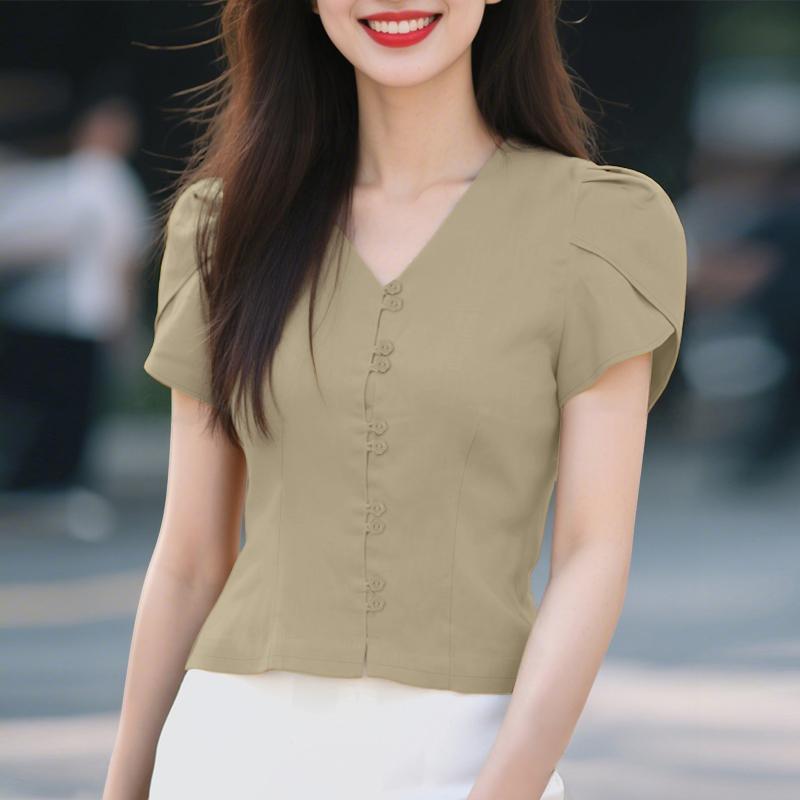 ZANZEA Women Casual V-Neck Summer Short Sleeve Plain Blouse