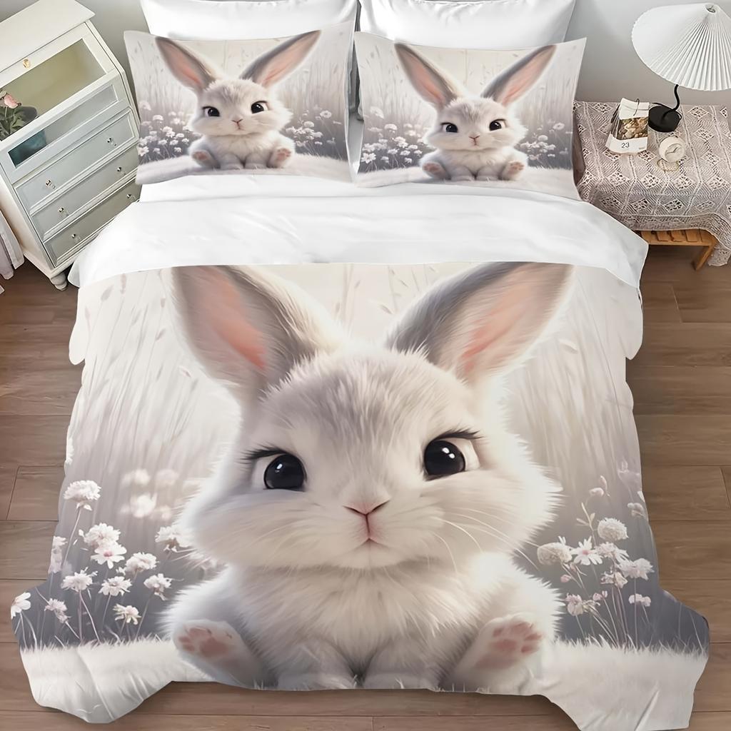 3-teiliges entzückendes Kaninchen-Druck Bettwäsche-Set - Weiches Polyester Digitaldruck Komfort Enthält 1 Queensize Bettbezug & 2 Kissenbezüge