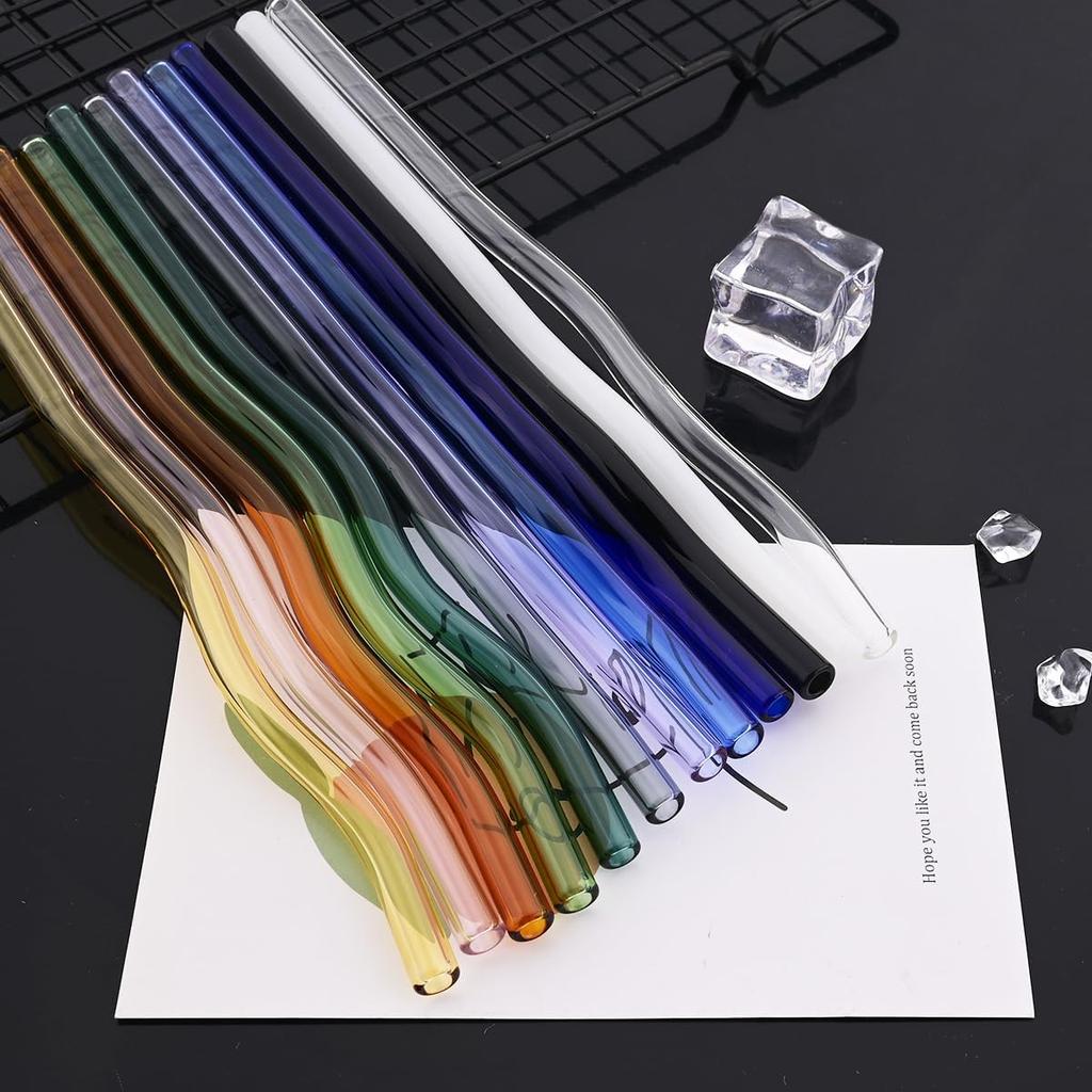 Wavy Glass Straws 11pcs Multicolor Reusable Glass Drinking Straws with Black Pouch for Drinking Beverages Coffee Milk Tea