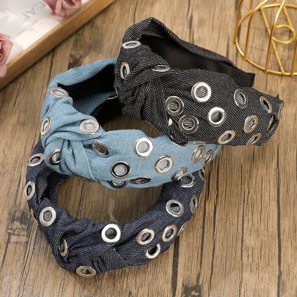 Y2K Denim Headband Wide Hollowed Out Eyelets Headband Hair Accessories Punk Hairband  Party