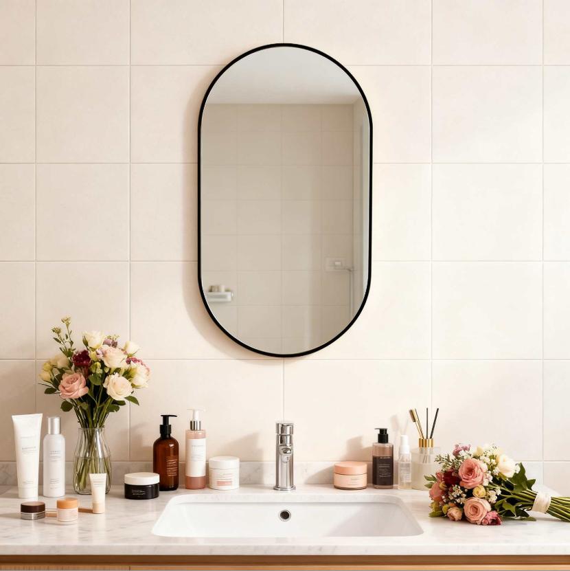 Modern Capsule Wall Mirror, Rounded Rectangle Bathroom Vanity Mirror, Horizontal Vertical Hanging, Black
