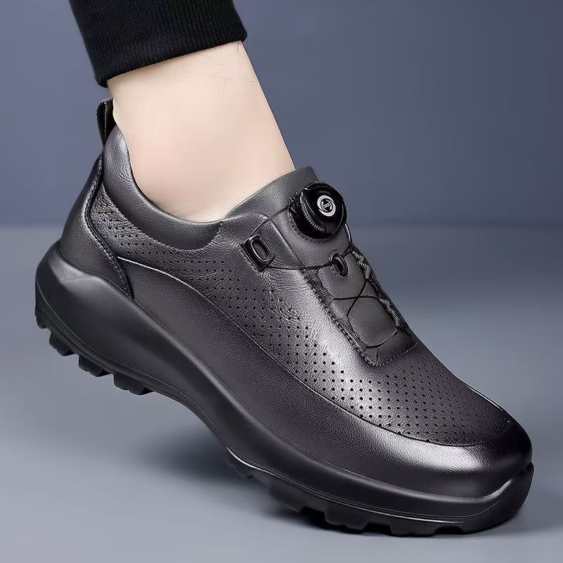 Leather shoes men's hollow lightweight breathable travel hiking shoes rotating buckle casual fashion casual leather shoes men