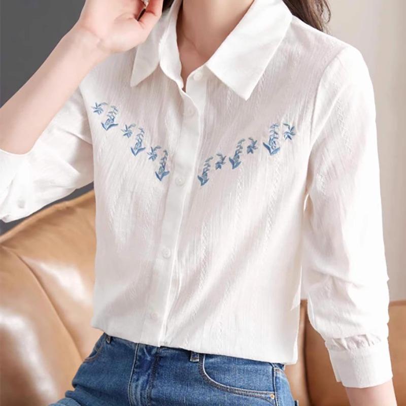 

Белая женская рубашка с длинным рукавом, весенняя одежда, новый вышитый топ, чистый хлопок, вышитая женская повседневная рубашка M