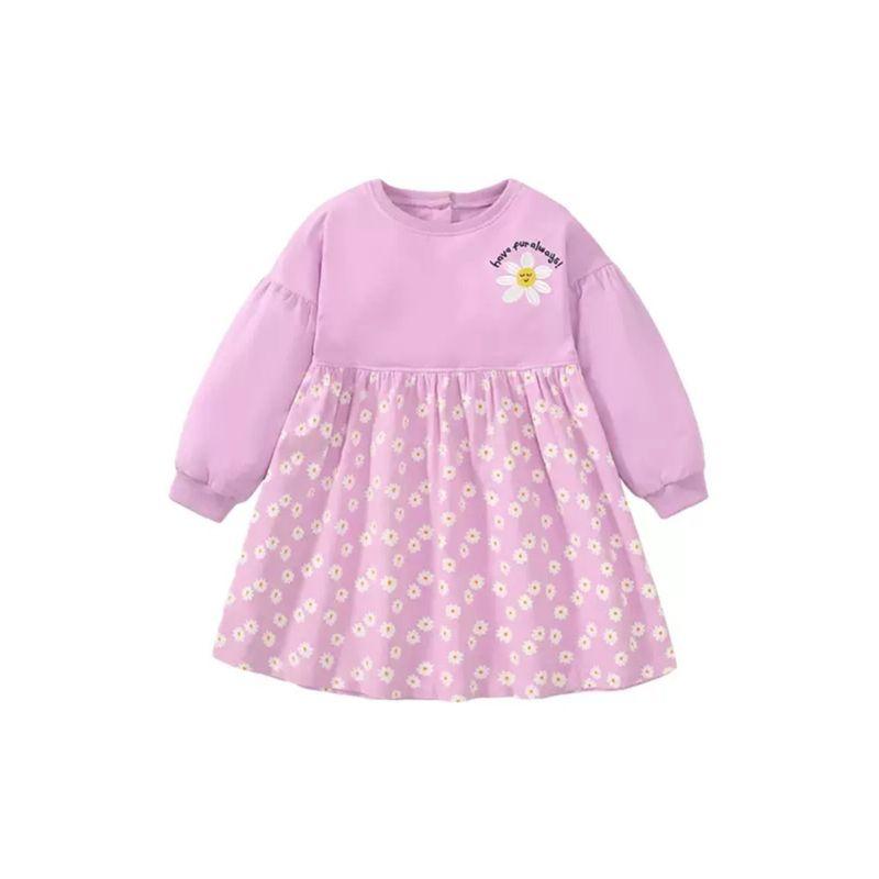 Girl Purple Little Daisy Long Sleeves Dress Baby Pure Cotton Spring and Autumn Clothing Children Toddler Mid Length Long Length Sweatshirt Skirt