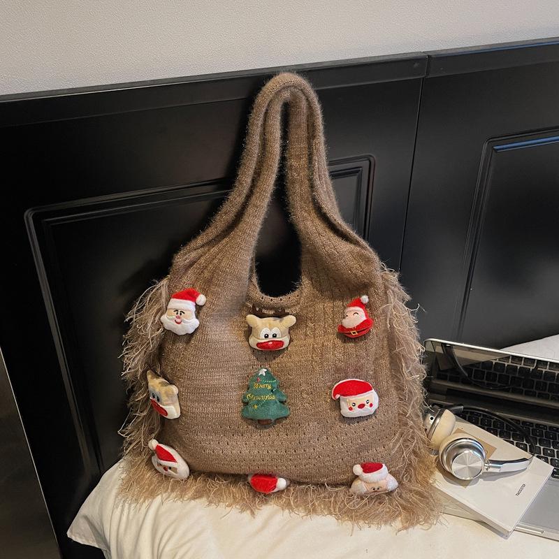 Korean Style Cute Cartoon Winter Yarn Shoulder Bag with Tassels - Versatile Large Capacity Tote