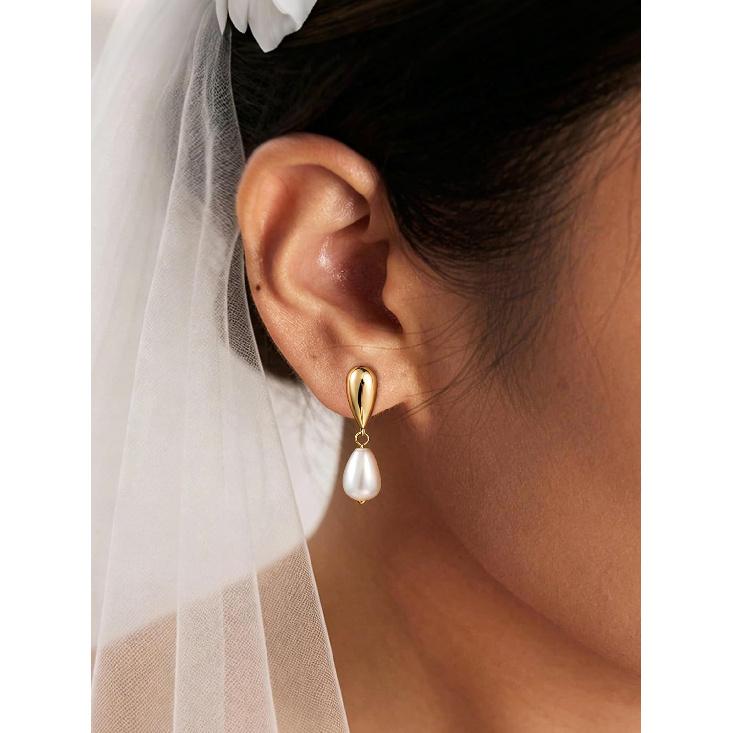 Pearl Drop Earrings 14K Gold Plated Dainty Bridesmaid Jewelry Gift