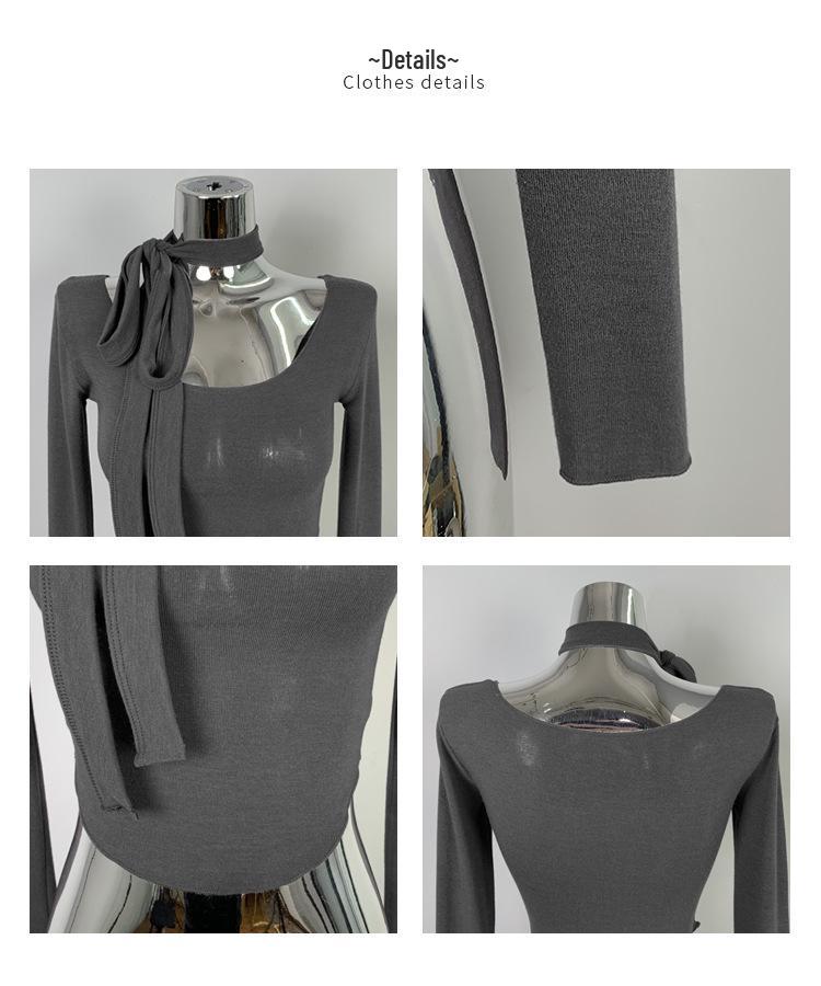 Korean Dongdaemun U-Neck Figure-Flattering Long-Sleeve Slim Fit T-Shirt for Women