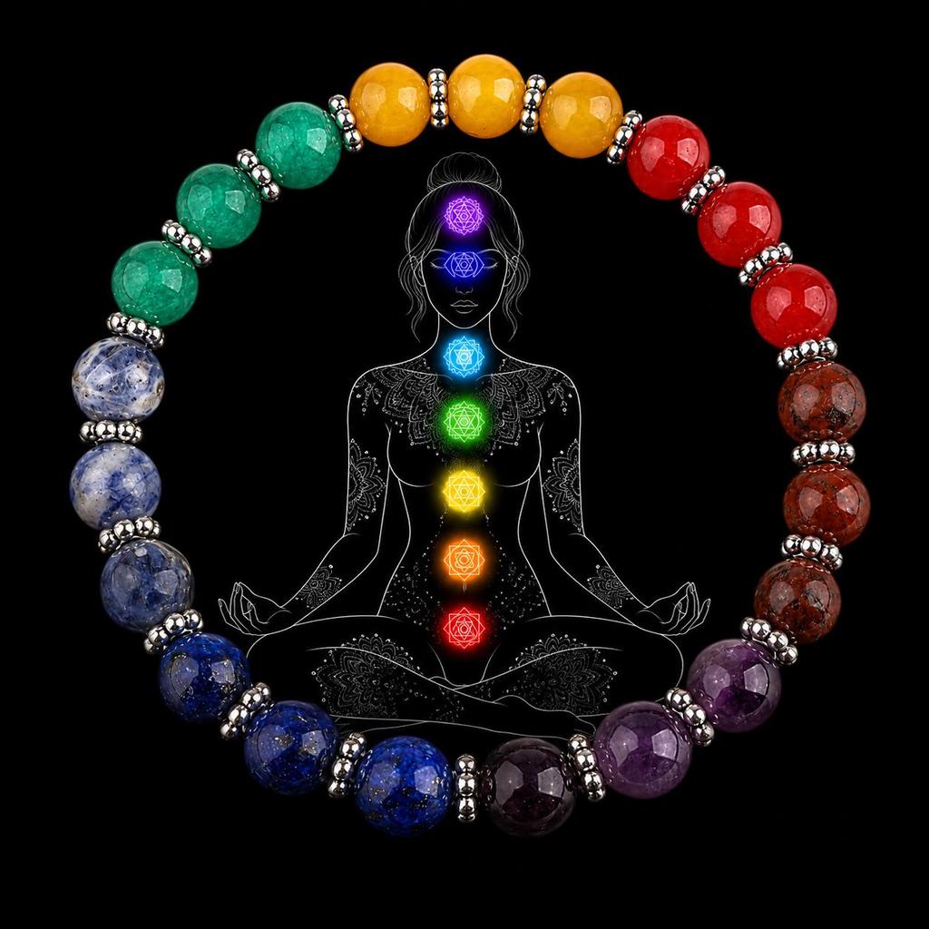 7 Chakra Natural Gemstone Beaded Bracelet, 8mm Multicolor Stretch Bracelet for Men and Women, Yoga and Meditation Jewelry DN-12