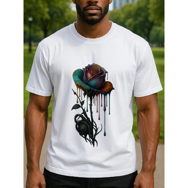 

European sizes Men S Graffiti Art Rose Print T-Shirt - Relaxed Fit Short Sleeve Round Neck, & Red Rose Dripping Paint Design 4XL