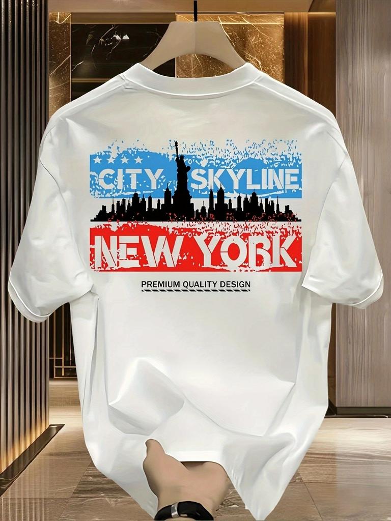 Mens Heavyweight Cotton TShirt  New York Skyline Graphic Casual Summer Short SleeveWhite with Red and Blue New York Print