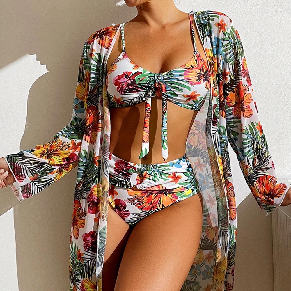 Sexy High Waisted Bikini 3 Pieces Floral Printed Swimsuit Size 3XL-S Women Bikini Set With Mesh Long-Sleeved Blouse Super Sales S