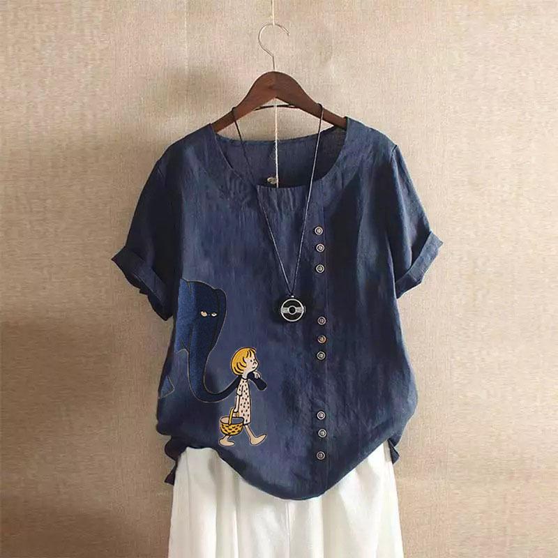 GMXIA Summer Vintage Plus-size Casual Loose Cotton and Linen Short Sleeve Pullover T-shirt Cotton and Linen Women Plus-size Women's Wear