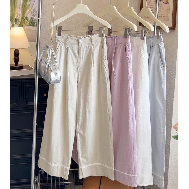 Thirteen Lines of Quality Washed Cotton High Waist Thin Wide-leg Pants Girls Summer Lace Flanged Nine-point Straight-leg Pants
