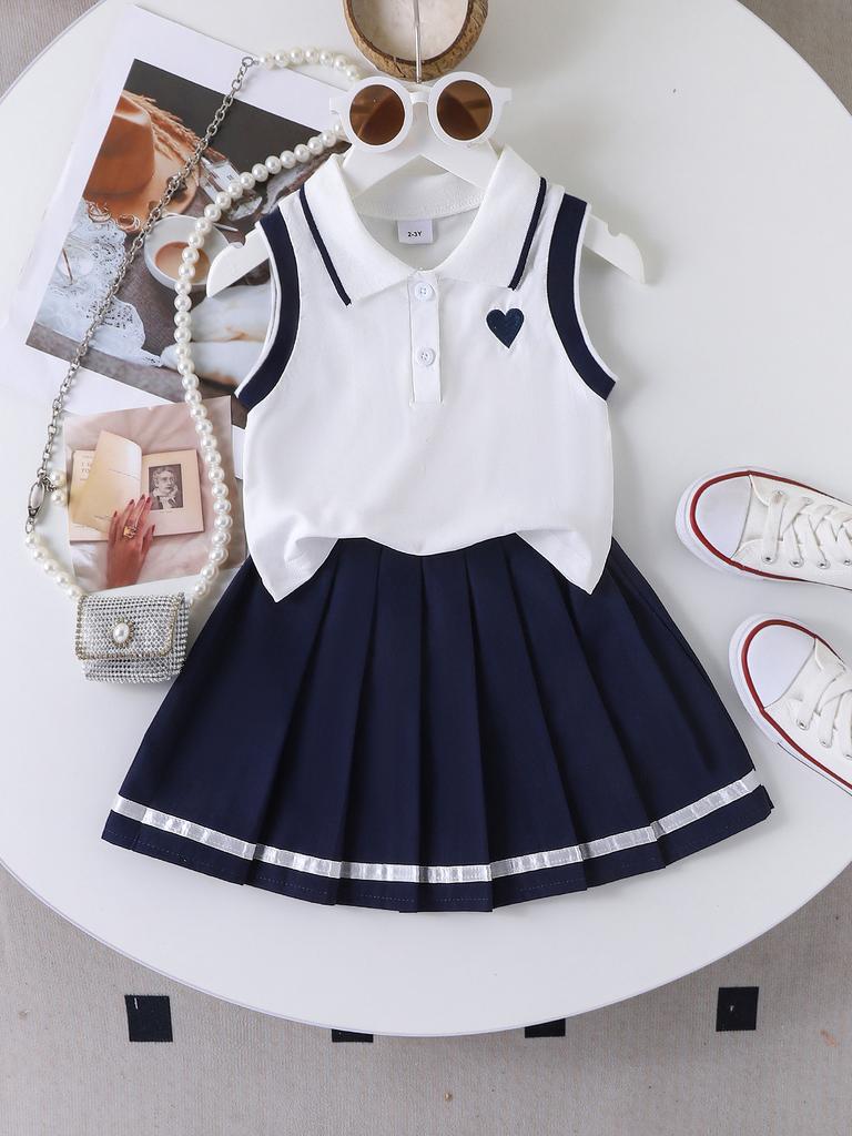 Mädchen Freizeitanzug Sommer Kindermode POLP Kragen Ärmelloses Top + Faltenrock Zweiteiliges Set