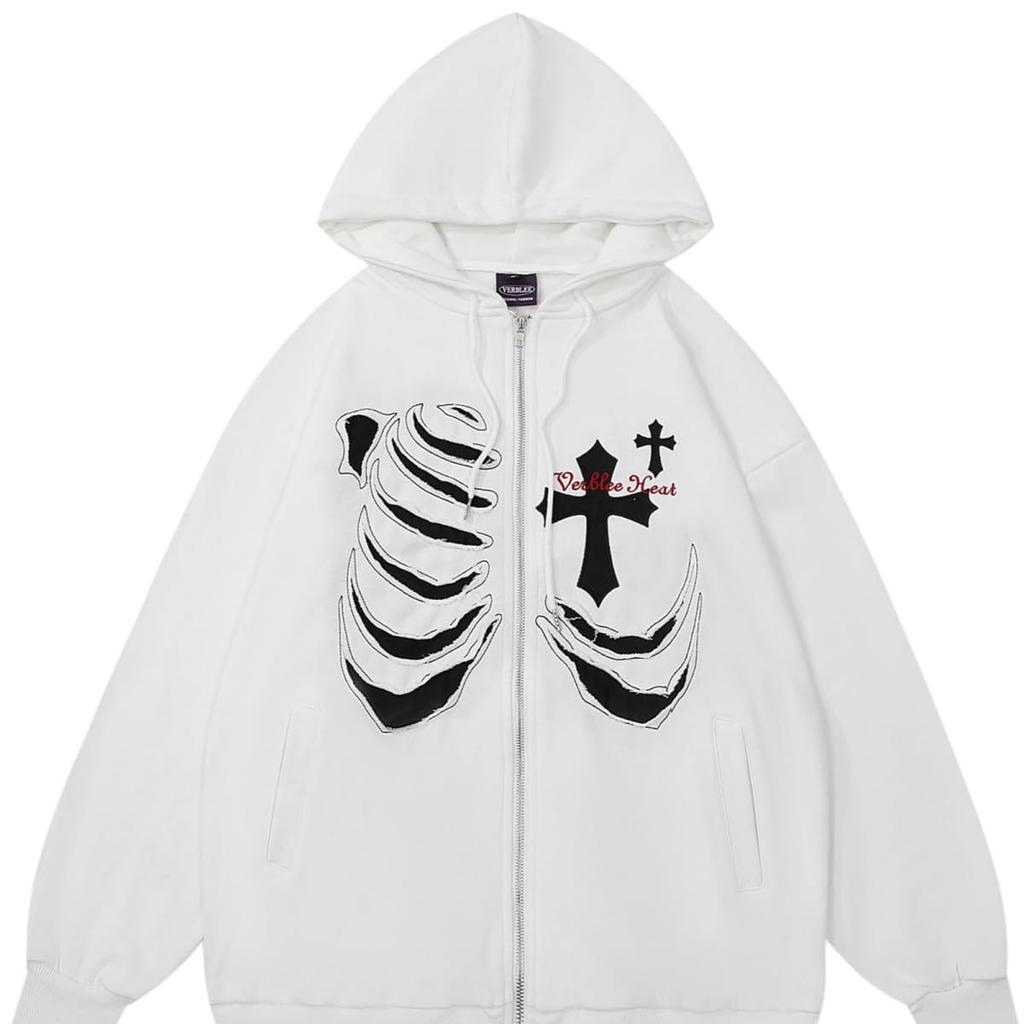 Harajuku Y2K Rib Cross, Autumn Women's Hooded Sweatshirt Zip Print Long Sleeve Loose Hoodie Jacket