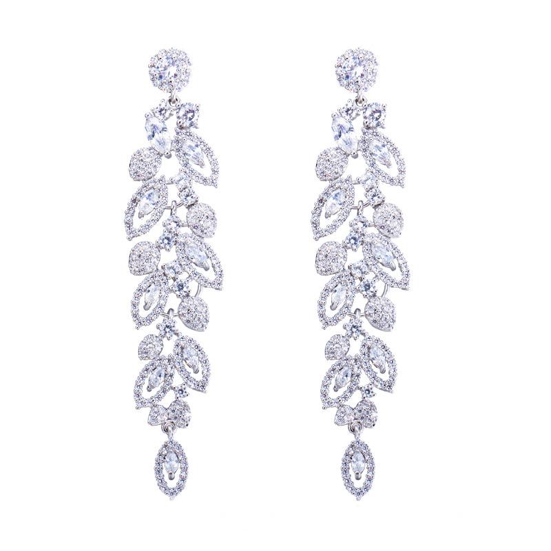 Light Luxury Long Earrings Temperament Zircon Super Flash Fringed Leaf Earrings Banquet Dress With Accessories