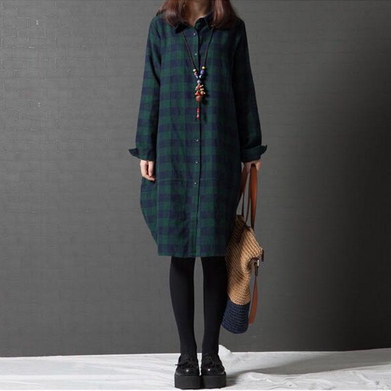Spring New Korean Version Loose Splicing Plaid Lapel Long-sleeved Dress Women's Medium and Long Shirt Skirt