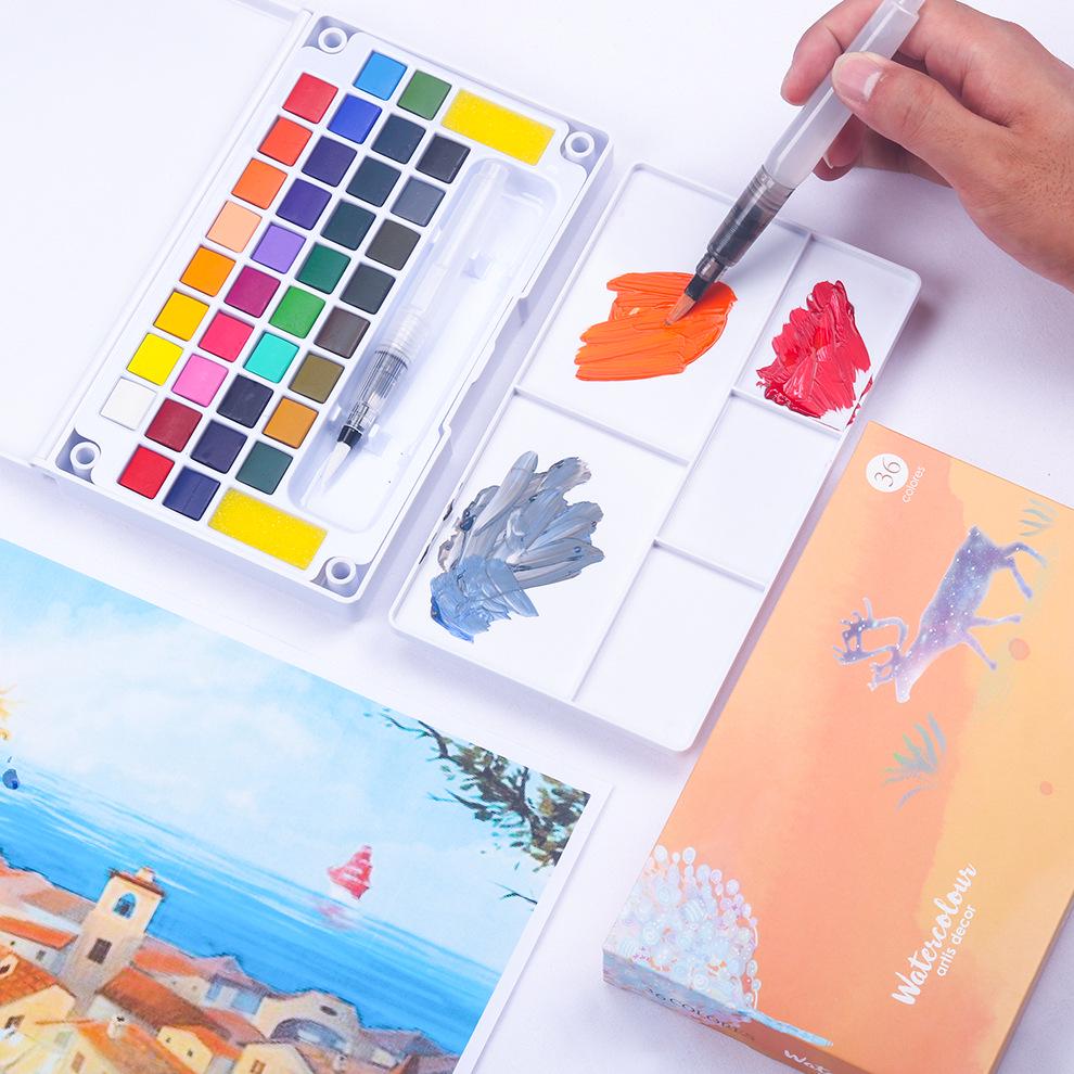 Portable Watercolor Gouache Paint Set - 12/18/36 Colors with Water Brush