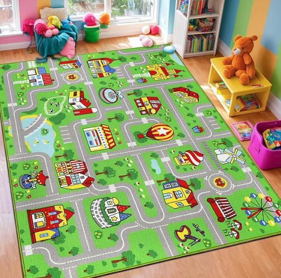 

Capslpad Kid Rug for Playroom Pink Play Rug Traffic Road Car Play Mat Educational Learning Area Rug Home Decor 40x60cm