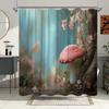 1pc Fantasy Mushroom Bath Curtain - Enchanted Fairy Tale Glow, Red Cap & White Spots Mushroom with Ethereal Forest, Pink Flowers
